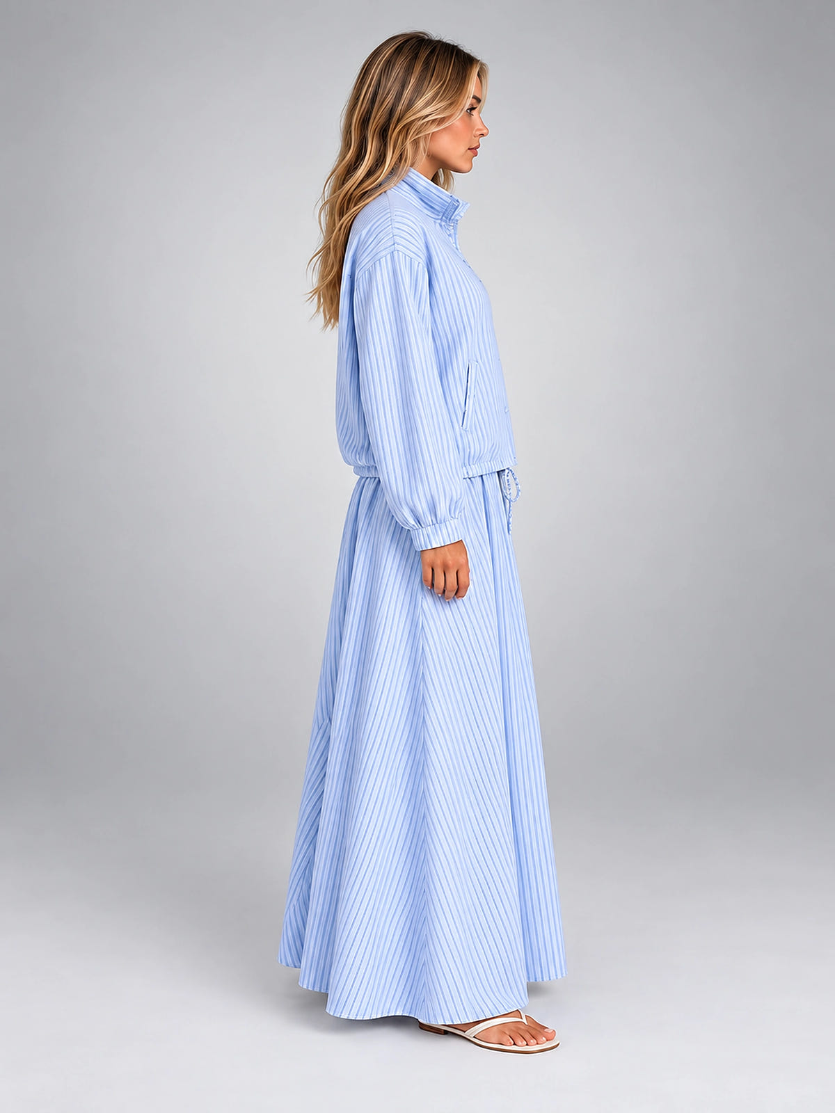 Women's Striped Skirt Set – Drawstring Jacket and Maxi Skirt - Blue Stripe