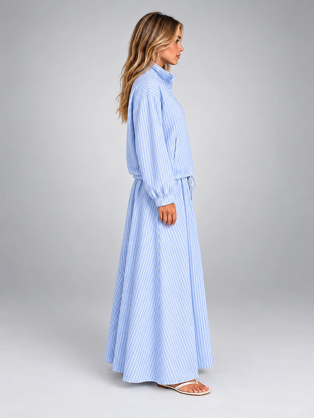 Women's Striped Skirt Set – Drawstring Jacket and Maxi Skirt - Blue Stripe