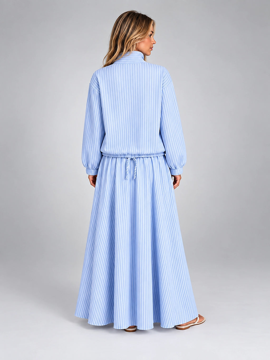 Women's Striped Skirt Set – Drawstring Jacket and Maxi Skirt - Blue Stripe