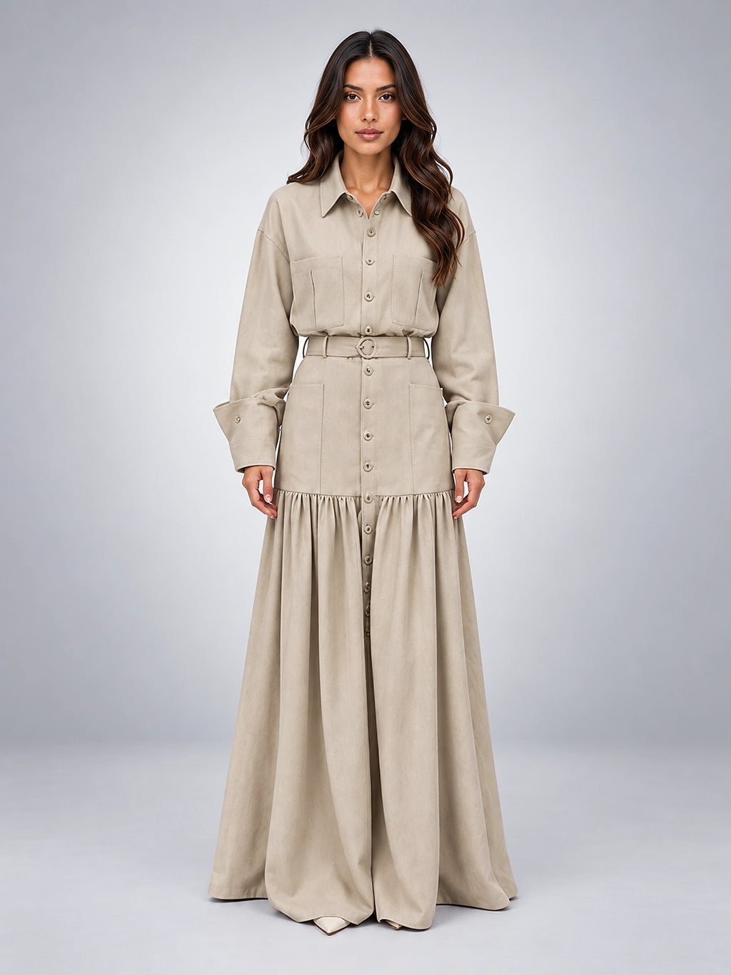 Women's Maxi Skirt Set – Belted Shirt Jacket - Beige