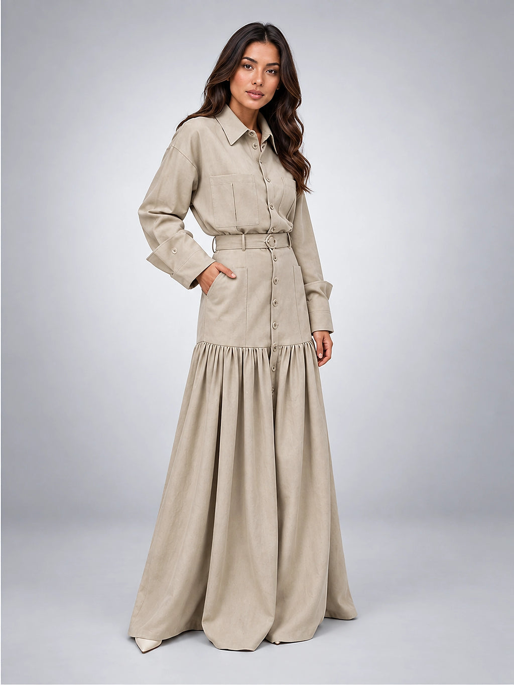 Women's Maxi Skirt Set – Belted Shirt Jacket - Beige