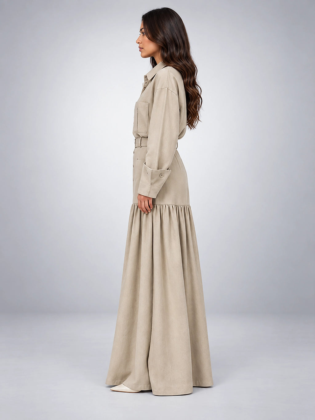 Women's Maxi Skirt Set – Belted Shirt Jacket - Beige