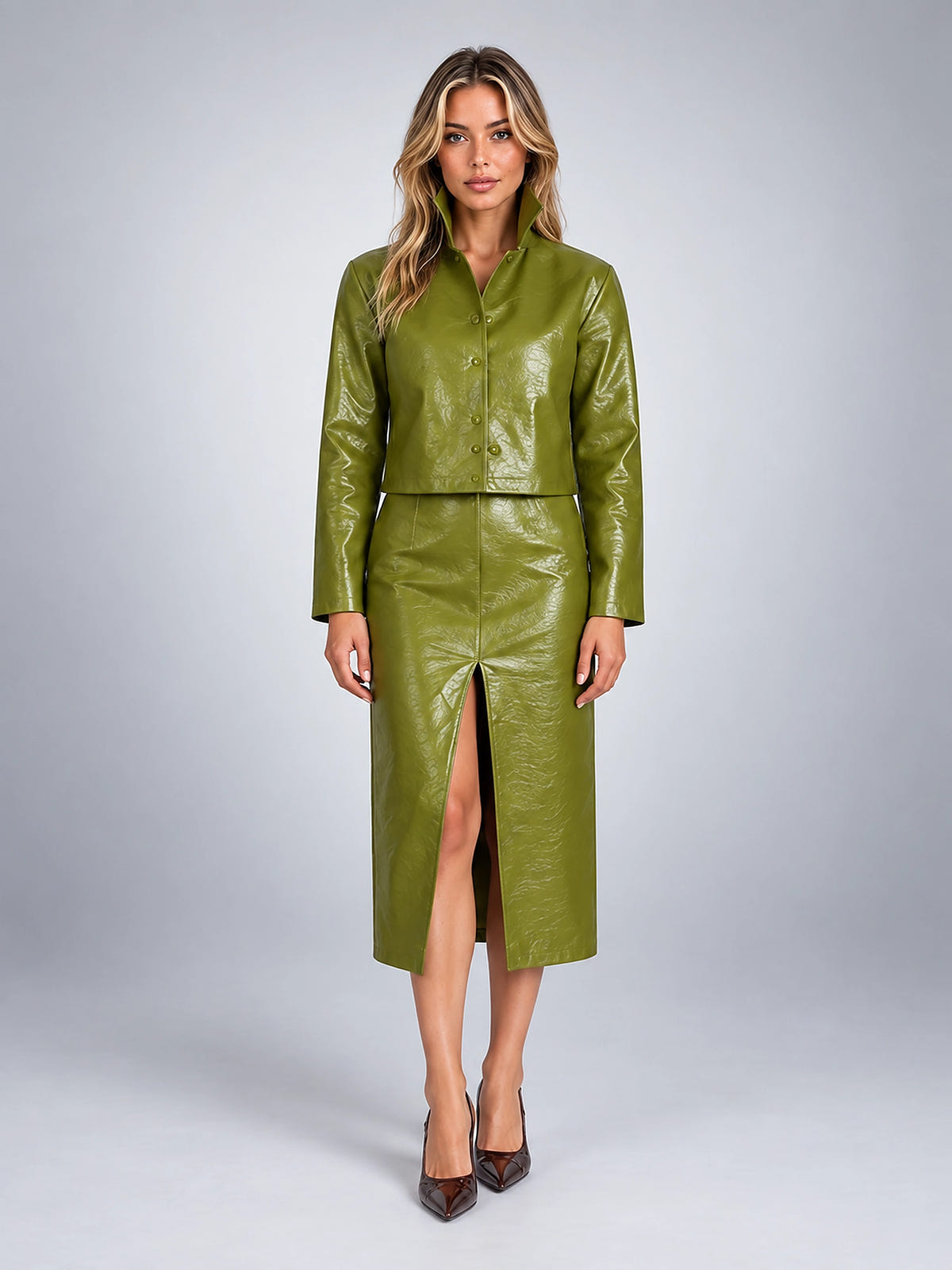Women's Faux Leather Skirt Set – Cropped Jacket and Midi Skirt - Green
