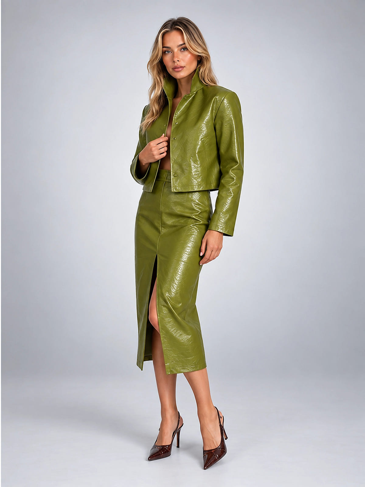 Women's Faux Leather Skirt Set – Cropped Jacket and Midi Skirt - Green