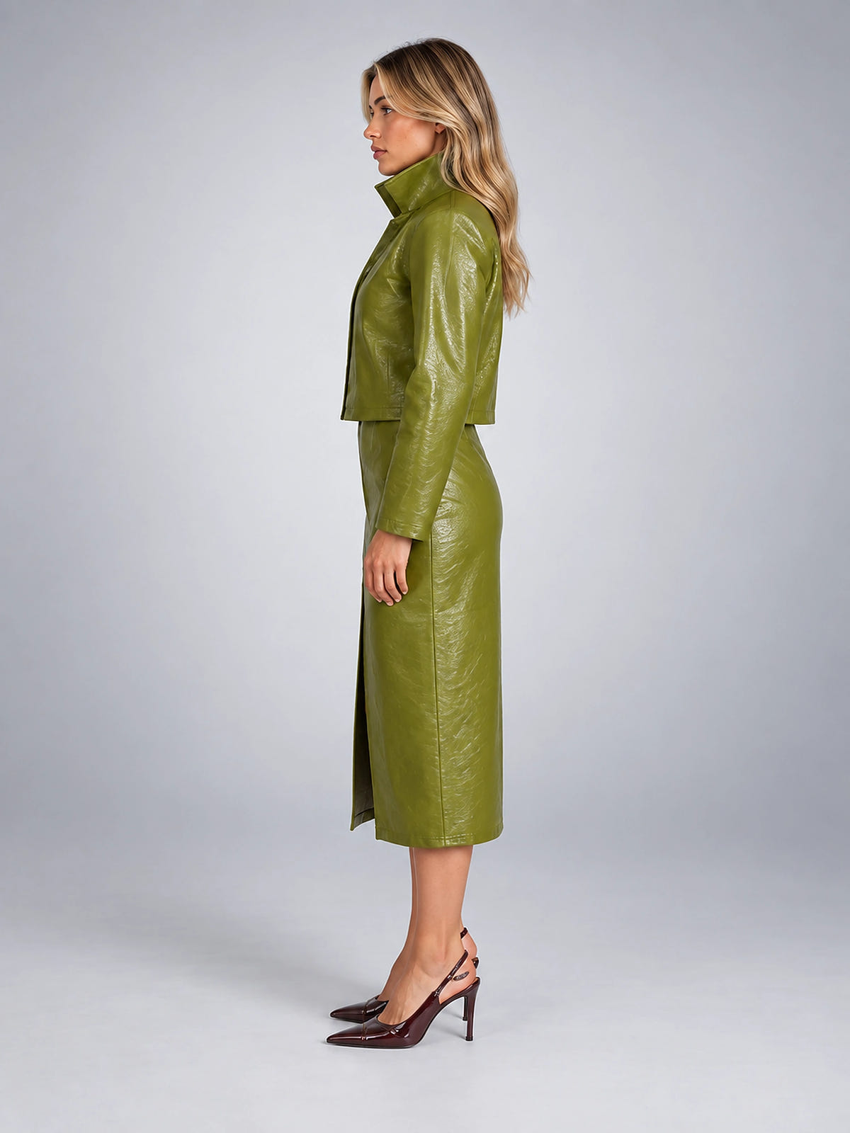 Women's Faux Leather Skirt Set – Cropped Jacket and Midi Skirt - Green