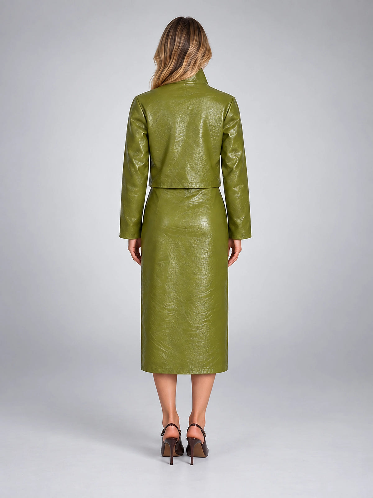 Women's Faux Leather Skirt Set – Cropped Jacket and Midi Skirt - Green