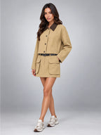Women's Belted Skirt Suit – Single Breasted Blazer - Khaki