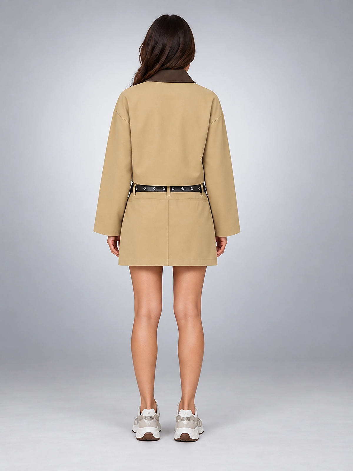 Women's Belted Skirt Suit – Single Breasted Blazer - Khaki