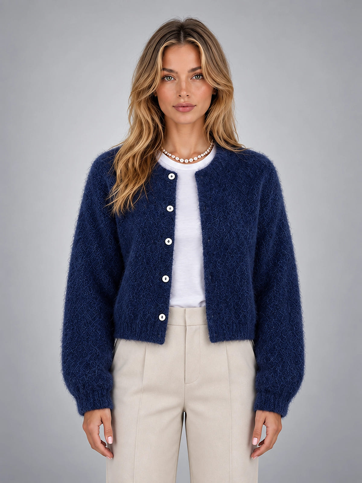 Women's Cropped Fuzzy Cardigan – Button Front Knit - Blue