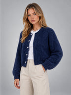 Women's Cropped Fuzzy Cardigan – Button Front Knit - Blue