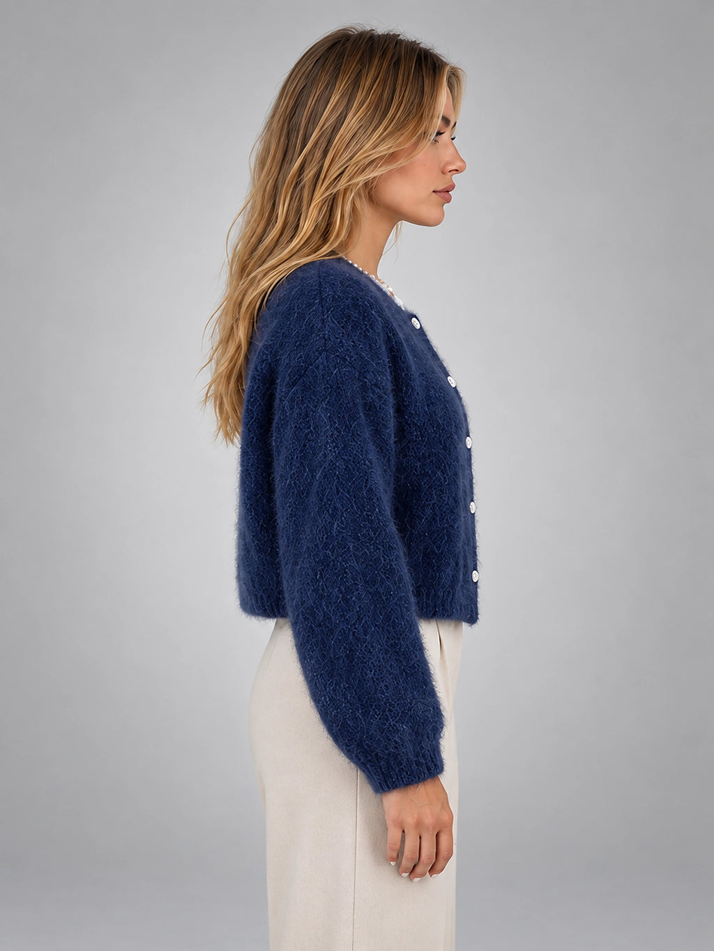 Women's Cropped Fuzzy Cardigan – Button Front Knit - Blue