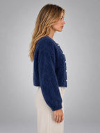 Women's Cropped Fuzzy Cardigan – Button Front Knit - Blue