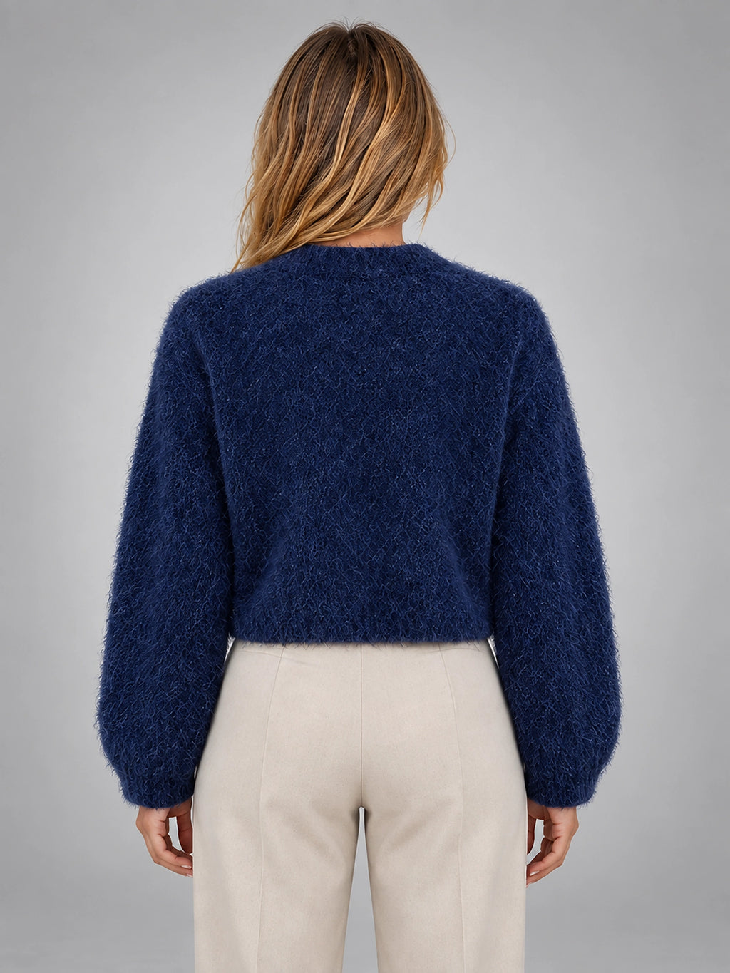 Women's Cropped Fuzzy Cardigan – Button Front Knit - Blue