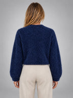 Women's Cropped Fuzzy Cardigan – Button Front Knit - Blue