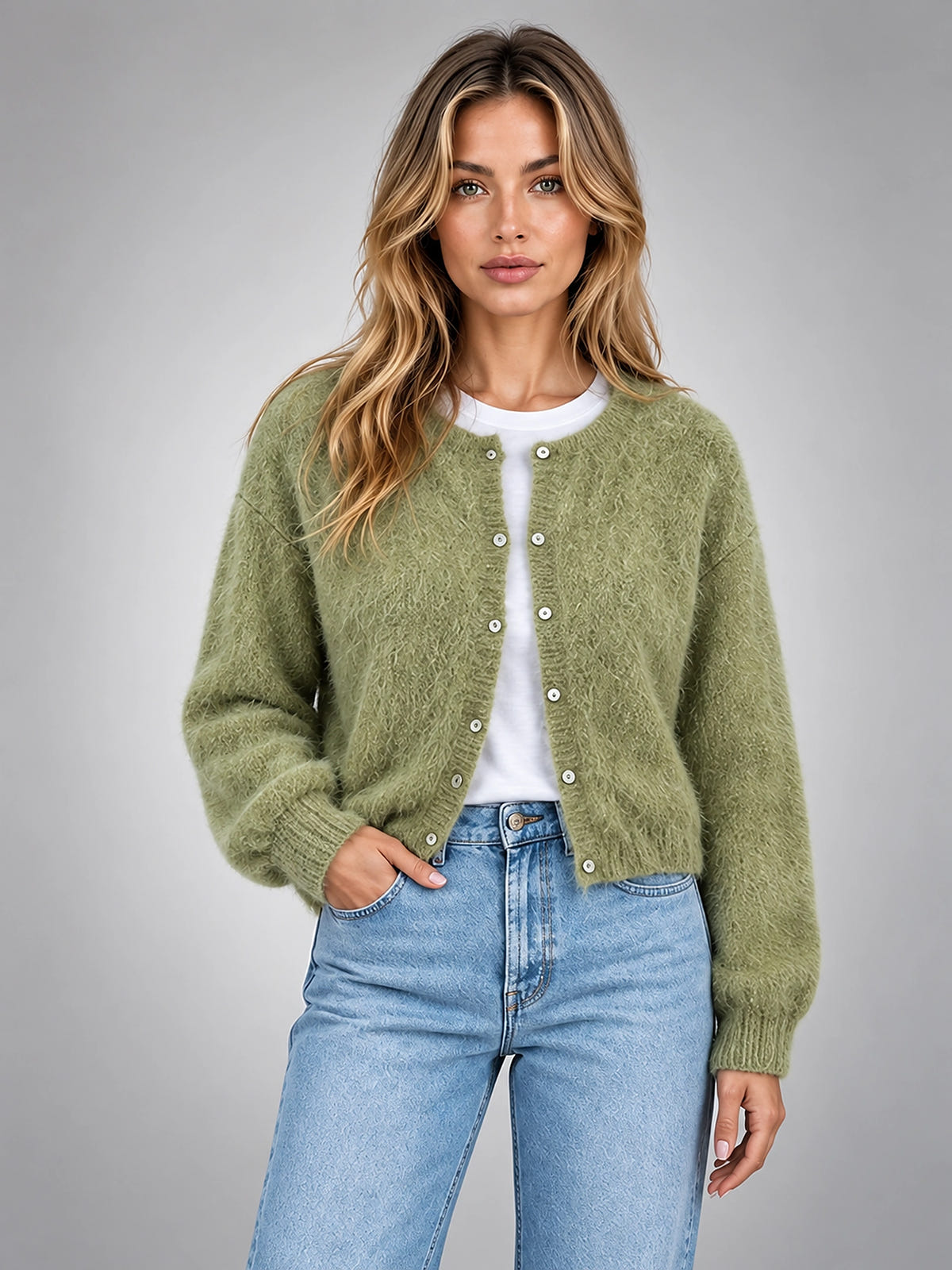 Women's Cropped Fuzzy Cardigan – Button Front Knit - Green