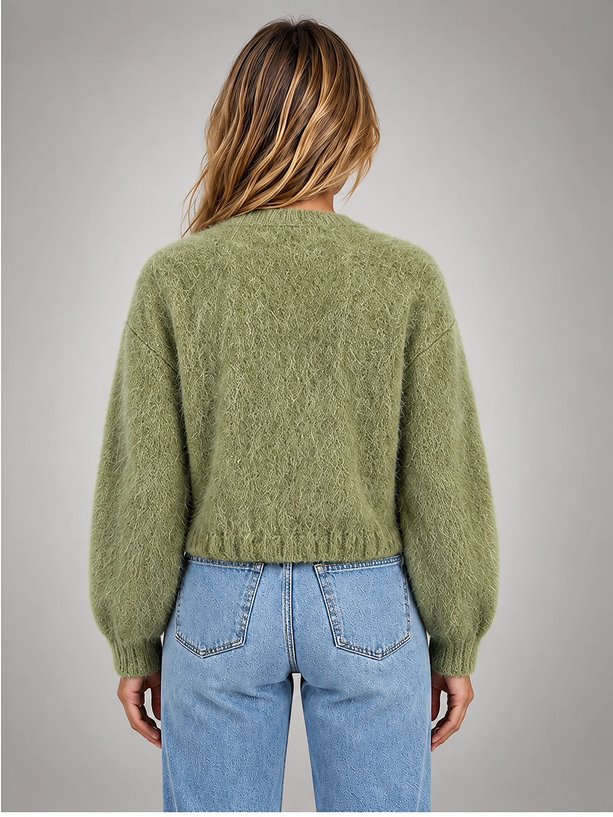 Women's Cropped Fuzzy Cardigan – Button Front Knit - Green