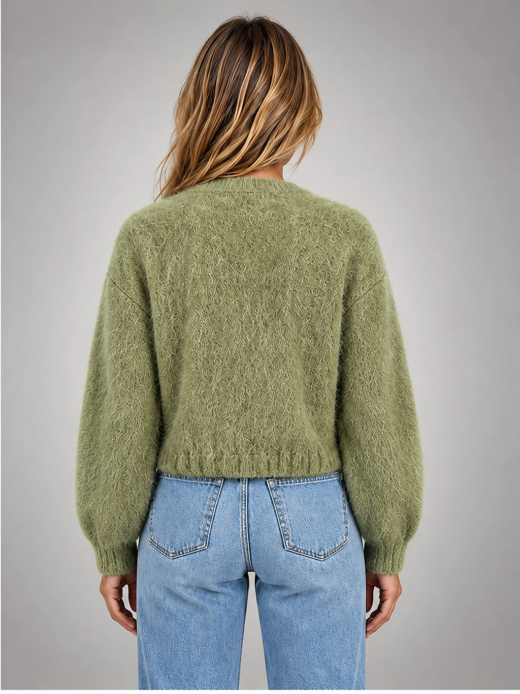 Women's Cropped Fuzzy Cardigan – Button Front Knit - Green