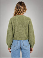Women's Cropped Fuzzy Cardigan – Button Front Knit - Green