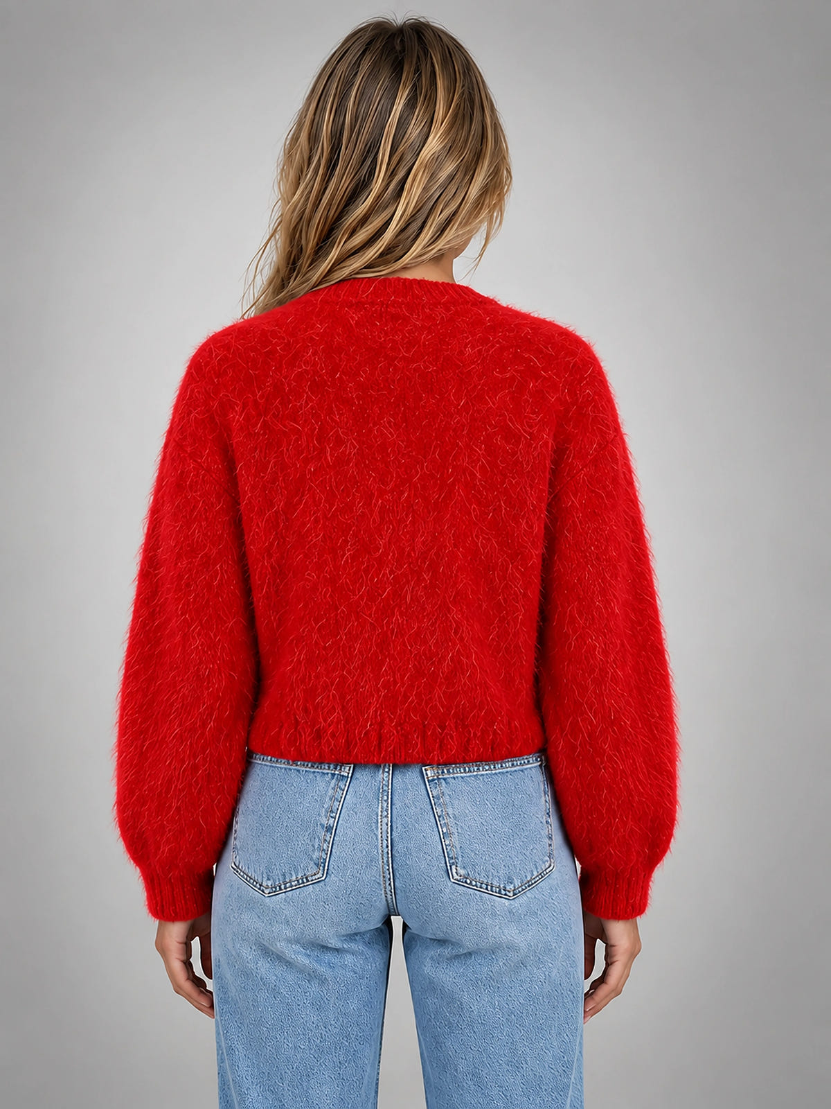 Women's Cropped Fuzzy Cardigan – Button Front Knit - Red