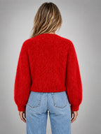 Women's Cropped Fuzzy Cardigan – Button Front Knit - Red
