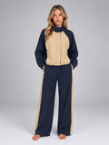 Women's Color Block Tracksuit Set – Jacket and Wide Leg Pants - Navy/Beige