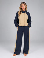 Women's Color Block Tracksuit Set – Jacket and Wide Leg Pants - Navy/Beige