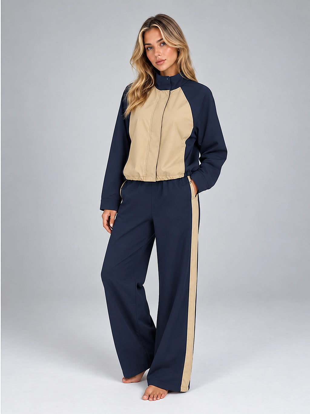 Women's Color Block Tracksuit Set – Jacket and Wide Leg Pants - Navy/Beige