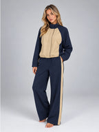 Women's Color Block Tracksuit Set – Jacket and Wide Leg Pants - Navy/Beige