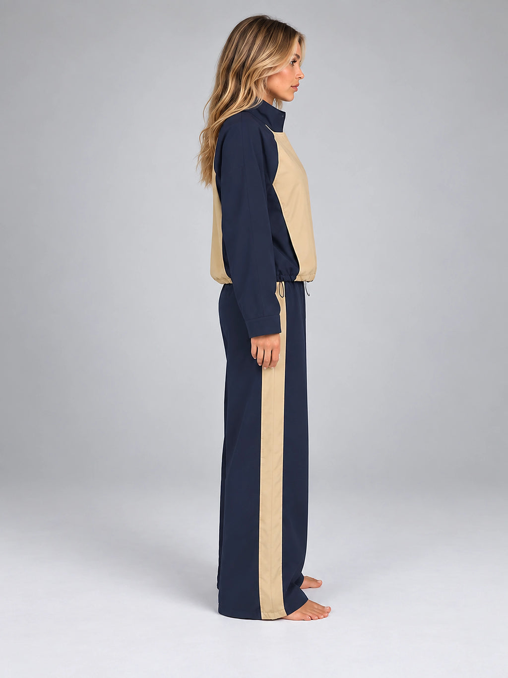 Women's Color Block Tracksuit Set – Jacket and Wide Leg Pants - Navy/Beige