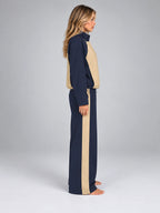 Women's Color Block Tracksuit Set – Jacket and Wide Leg Pants - Navy/Beige