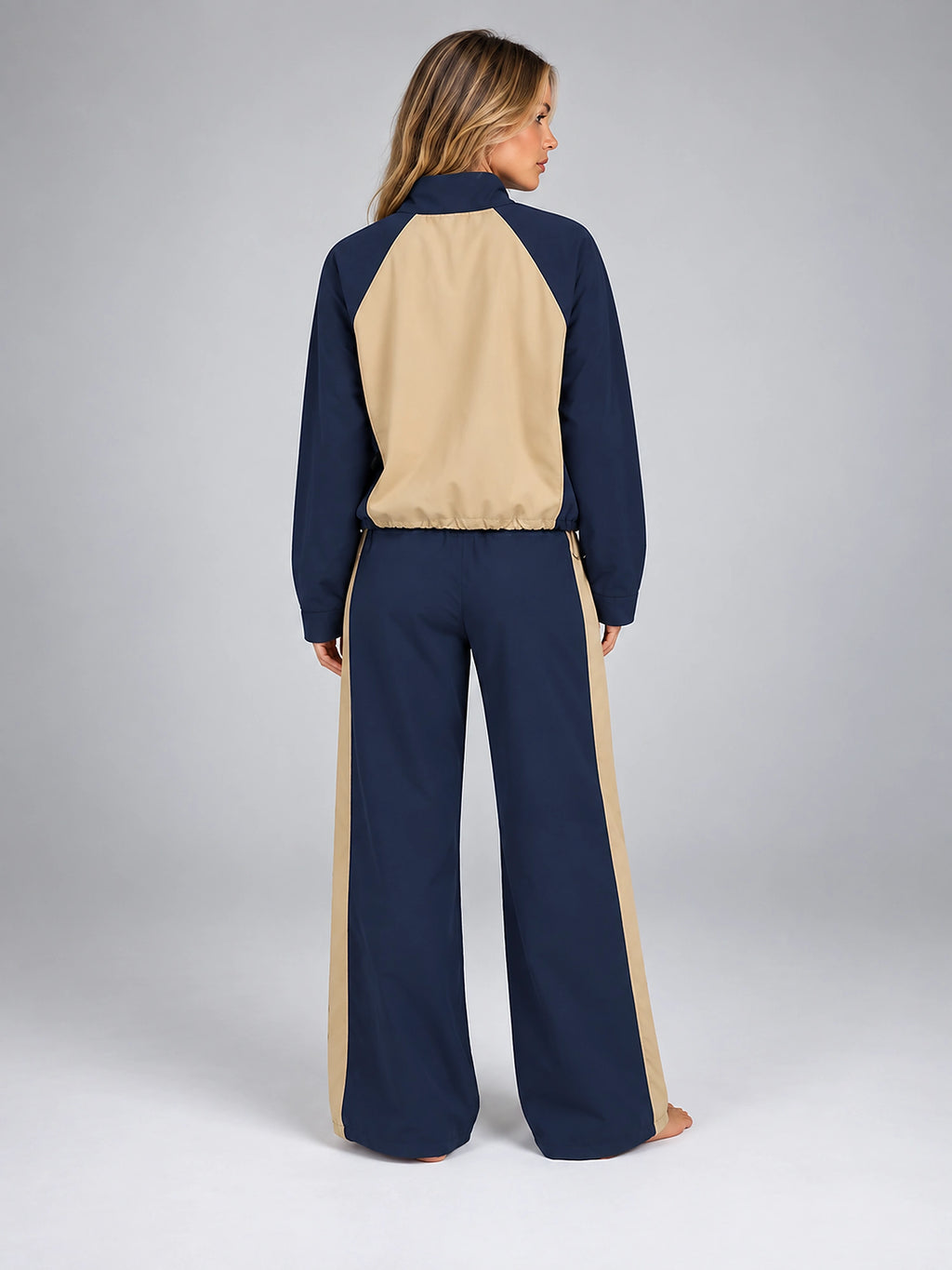 Women's Color Block Tracksuit Set – Jacket and Wide Leg Pants - Navy/Beige