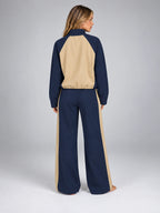 Women's Color Block Tracksuit Set – Jacket and Wide Leg Pants - Navy/Beige