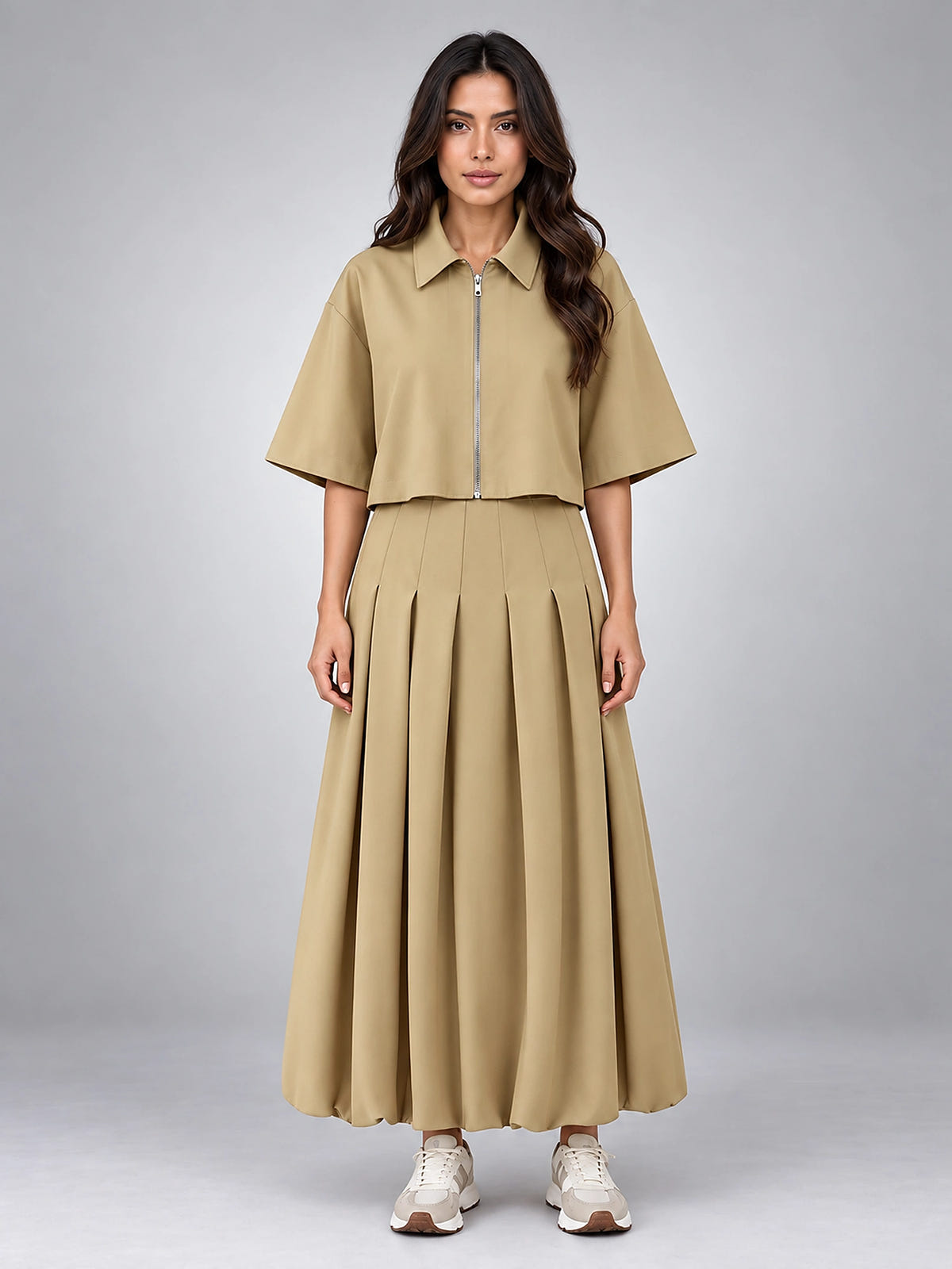 Women's Cropped Jacket Skirt Set – Matching Midi Two Piece - Khaki