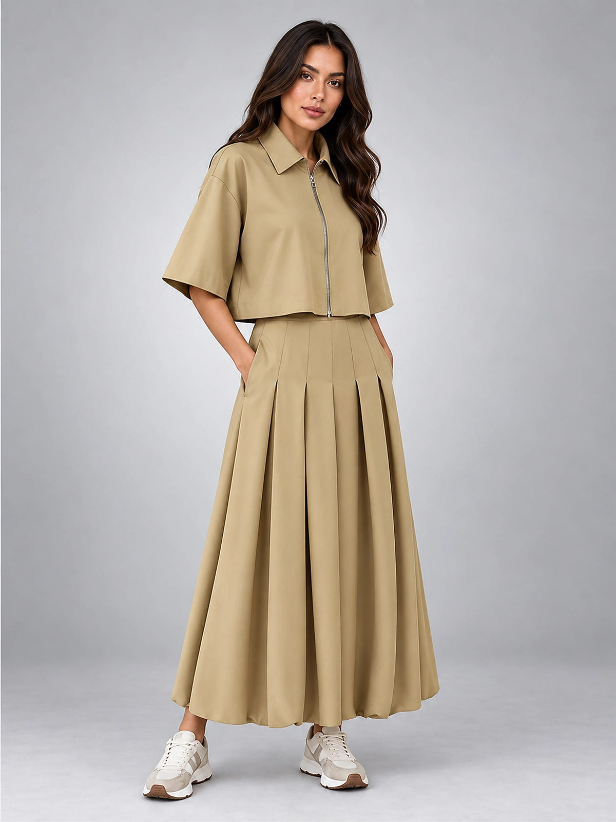 Women's Cropped Jacket Skirt Set – Matching Midi Two Piece - Khaki