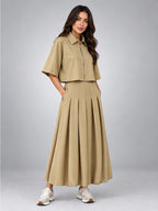 Women's Cropped Jacket Skirt Set – Matching Midi Two Piece - Khaki
