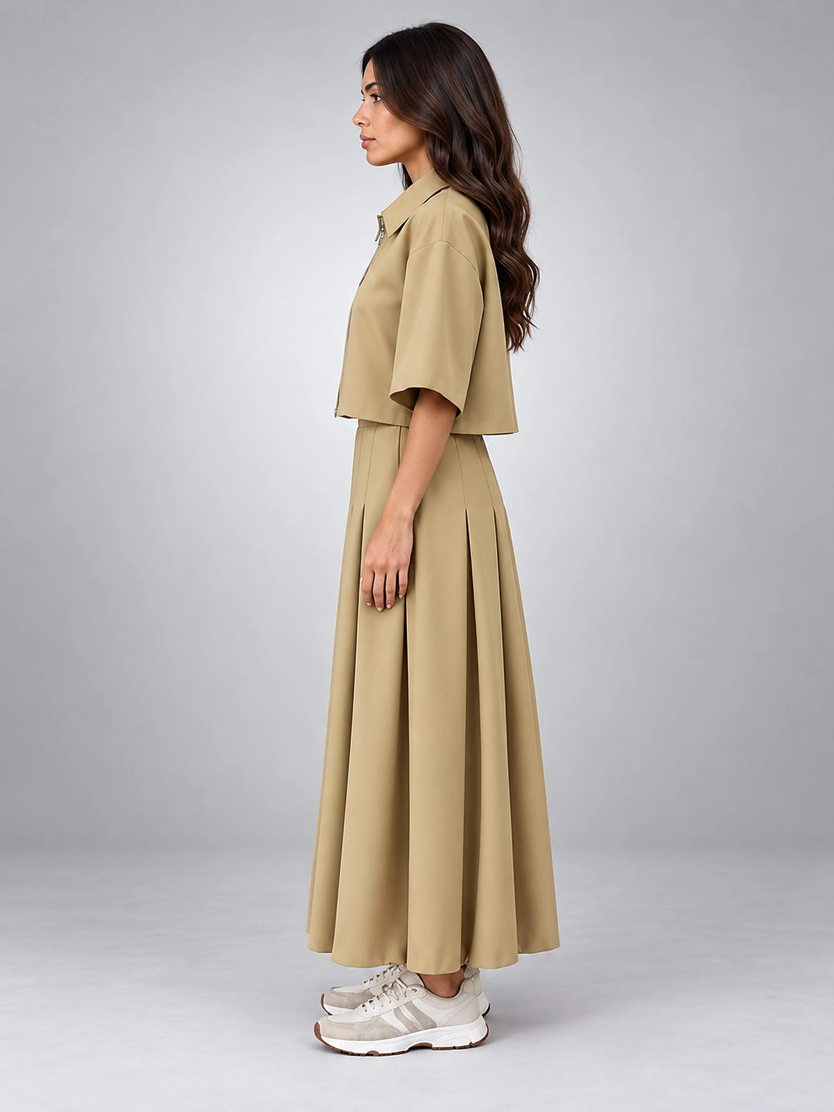 Women's Cropped Jacket Skirt Set – Matching Midi Two Piece - Khaki