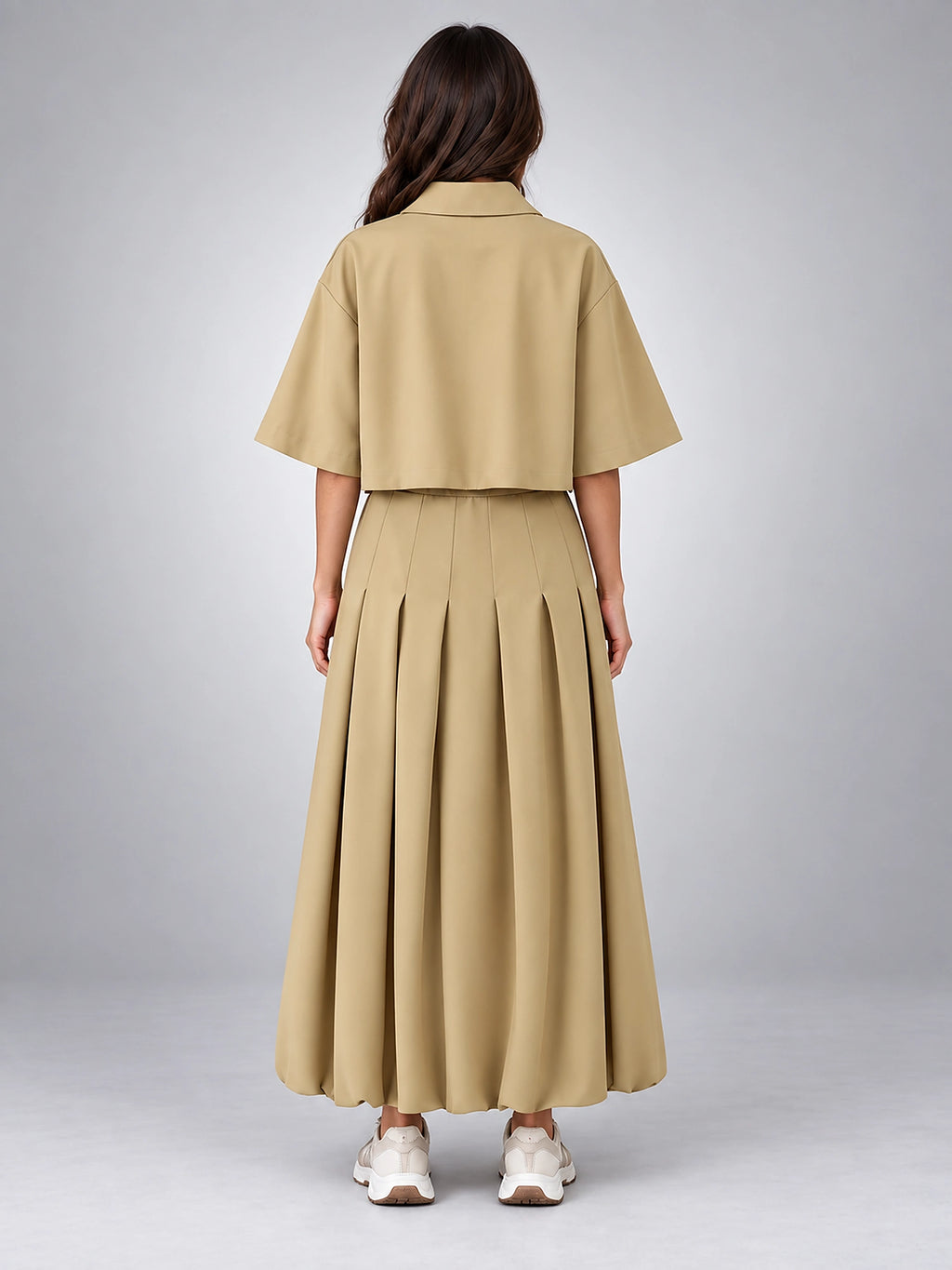 Women's Cropped Jacket Skirt Set – Matching Midi Two Piece - Khaki