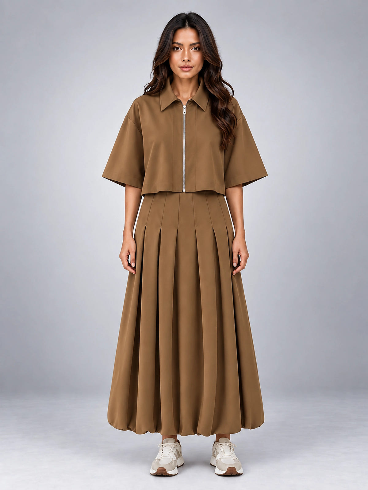 Women's Cropped Jacket Skirt Set – Matching Midi Two Piece - Brown