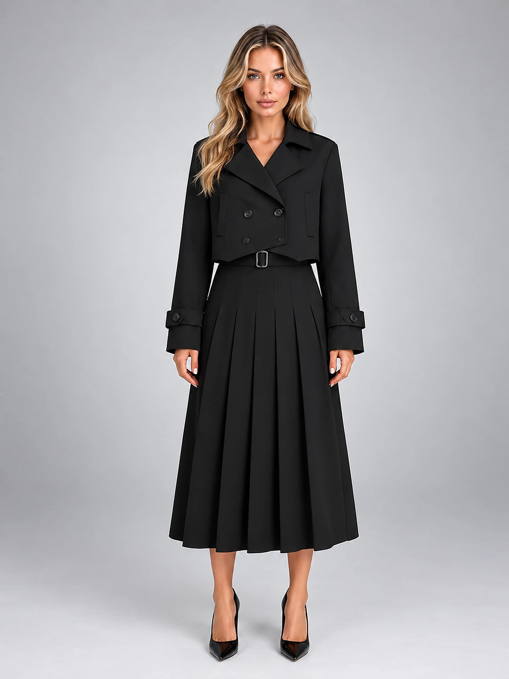 Women's Two Piece Skirt Set – Cropped Jacket and Pleated Midi - Black