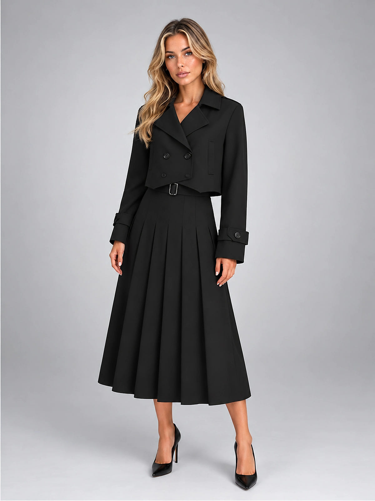 Women's Two Piece Skirt Set – Cropped Jacket and Pleated Midi - Black