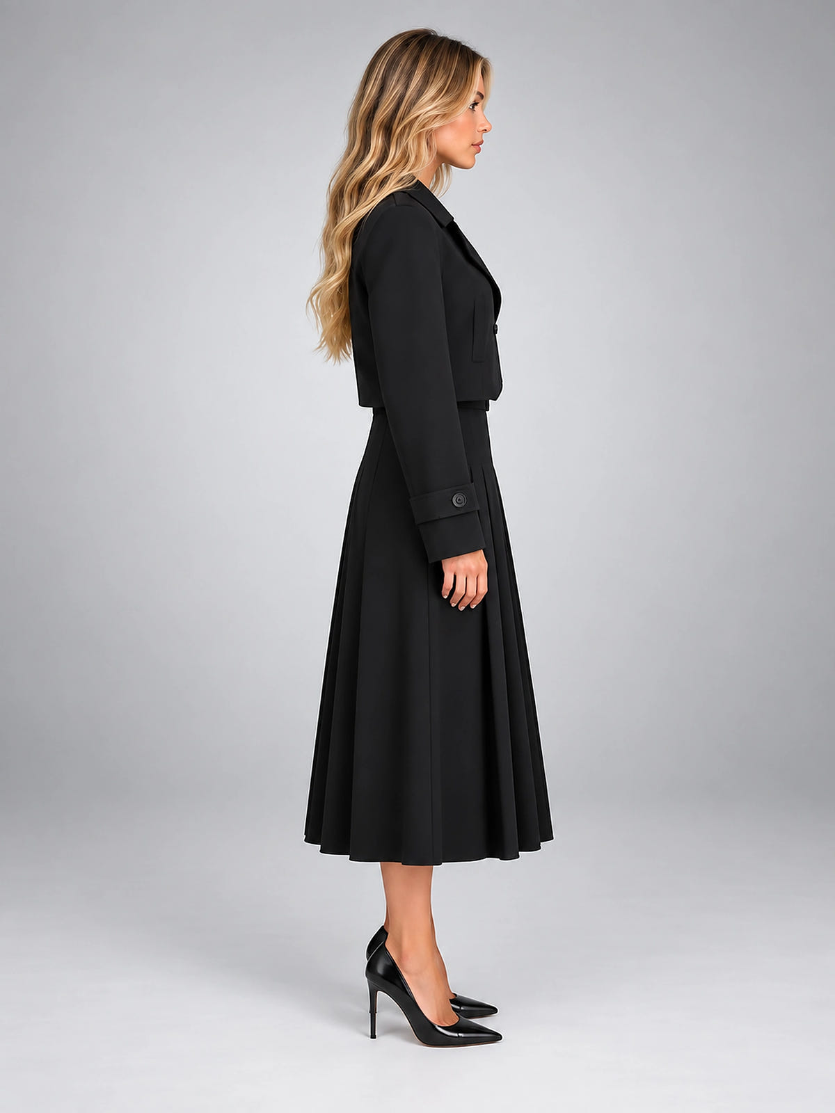 Women's Two Piece Skirt Set – Cropped Jacket and Pleated Midi - Black