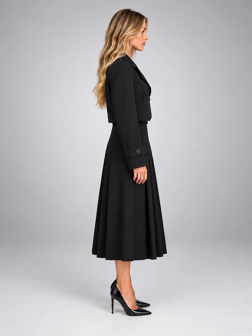 Women's Two Piece Skirt Set – Cropped Jacket and Pleated Midi - Black