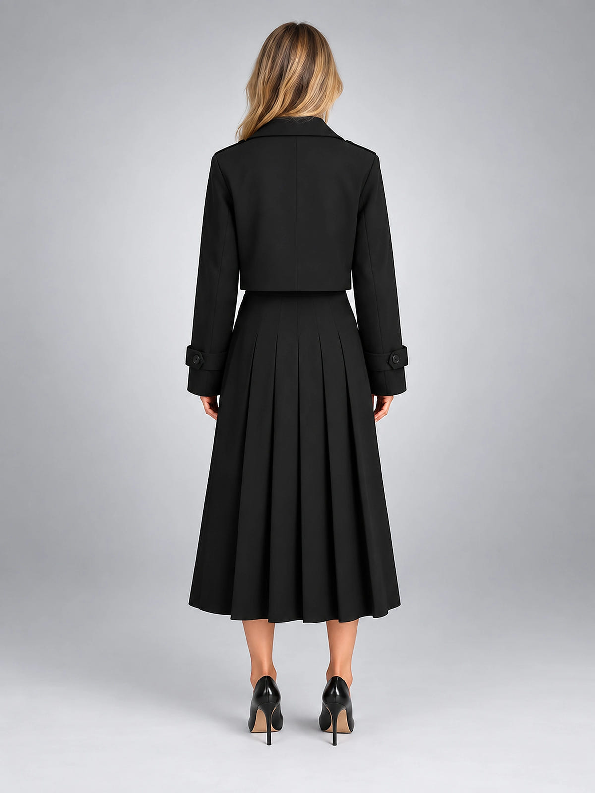 Women's Two Piece Skirt Set – Cropped Jacket and Pleated Midi - Black