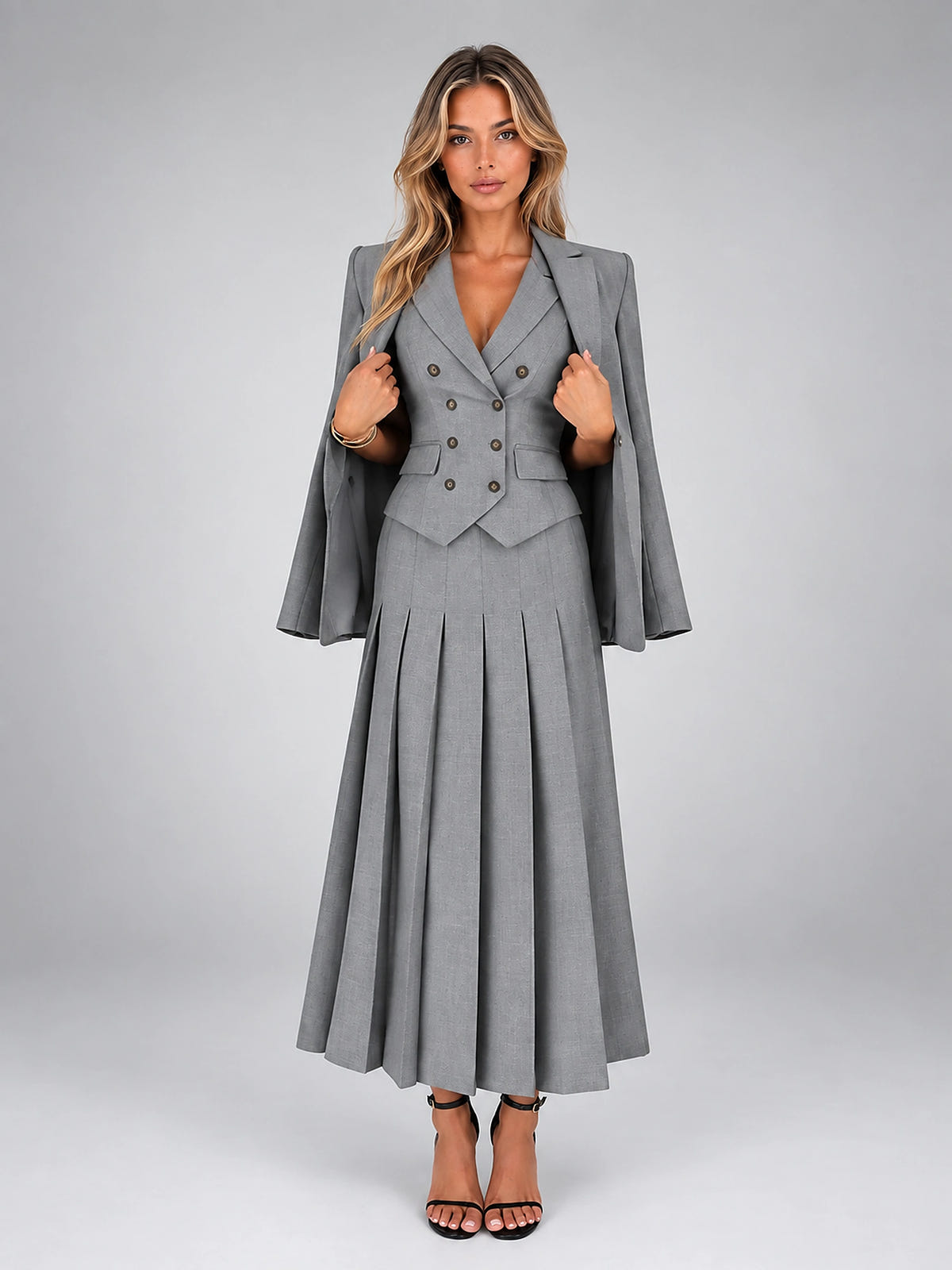 Women's Three Piece Skirt Suit – Vest, Blazer and Pleated Skirt - Gray