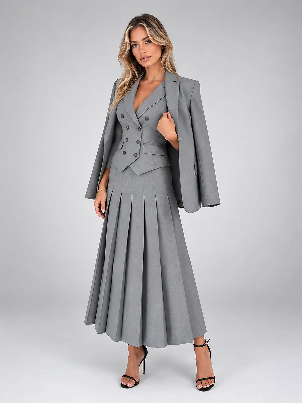 Women's Three Piece Skirt Suit – Vest, Blazer and Pleated Skirt - Gray