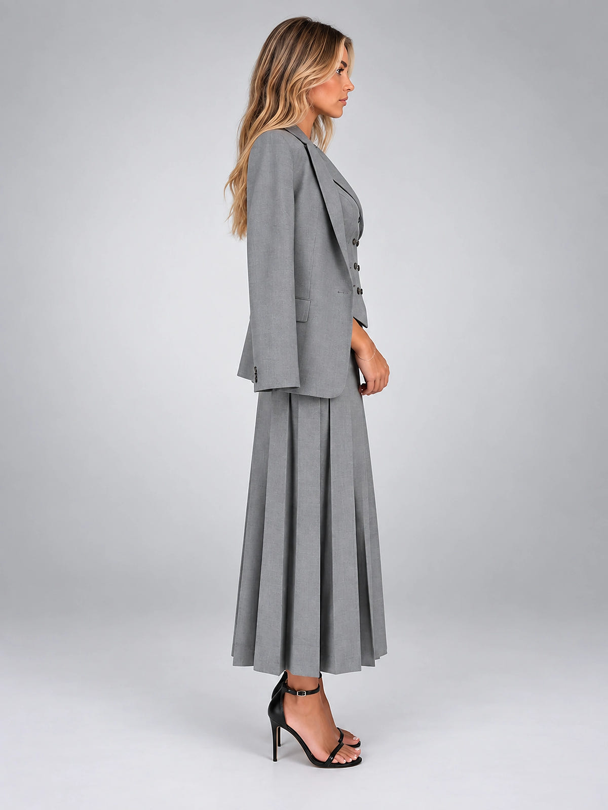 Women's Three Piece Skirt Suit – Vest, Blazer and Pleated Skirt - Gray