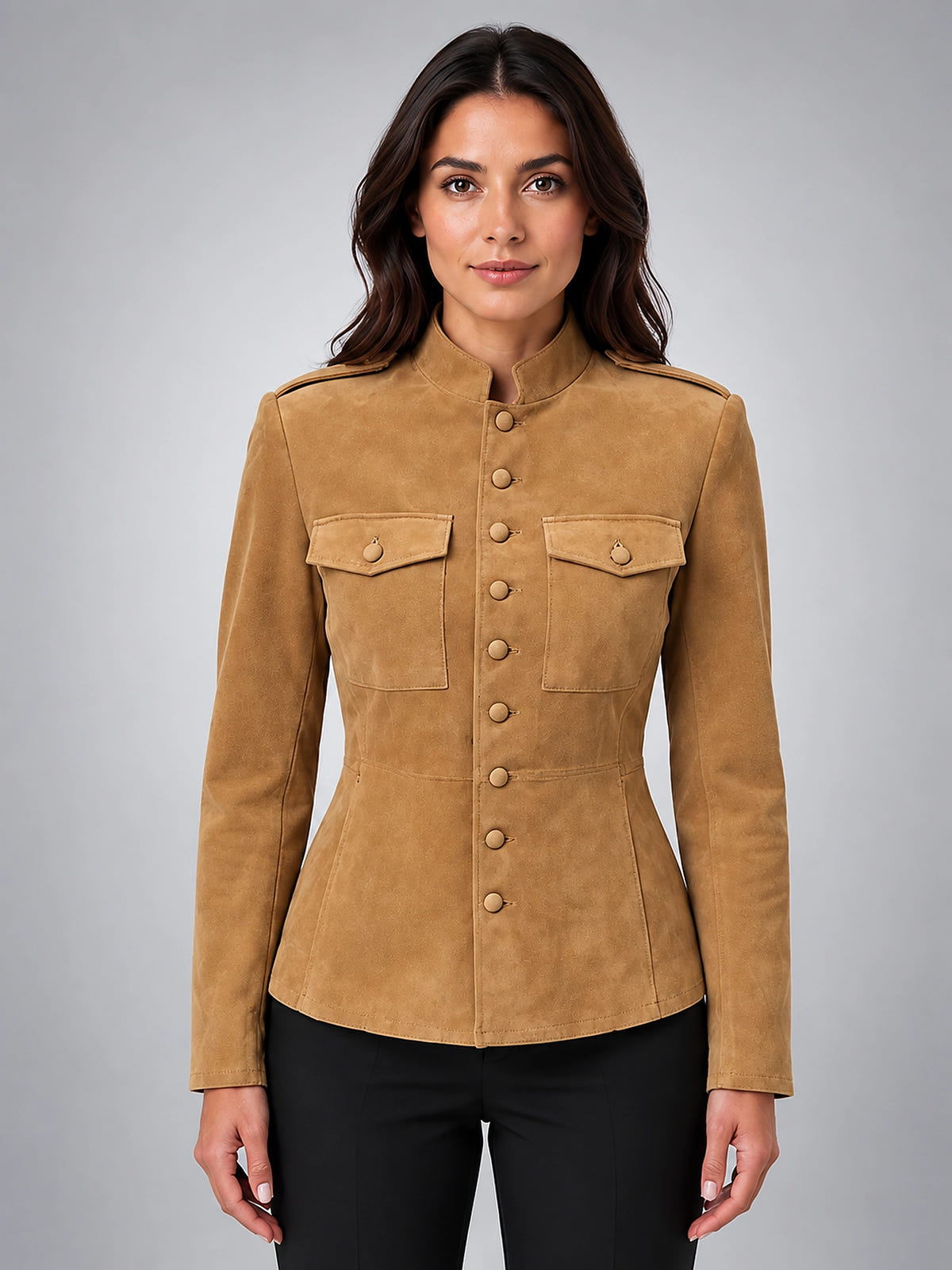 Women's Faux Suede Jacket – Cinched Utility Fit - Camel
