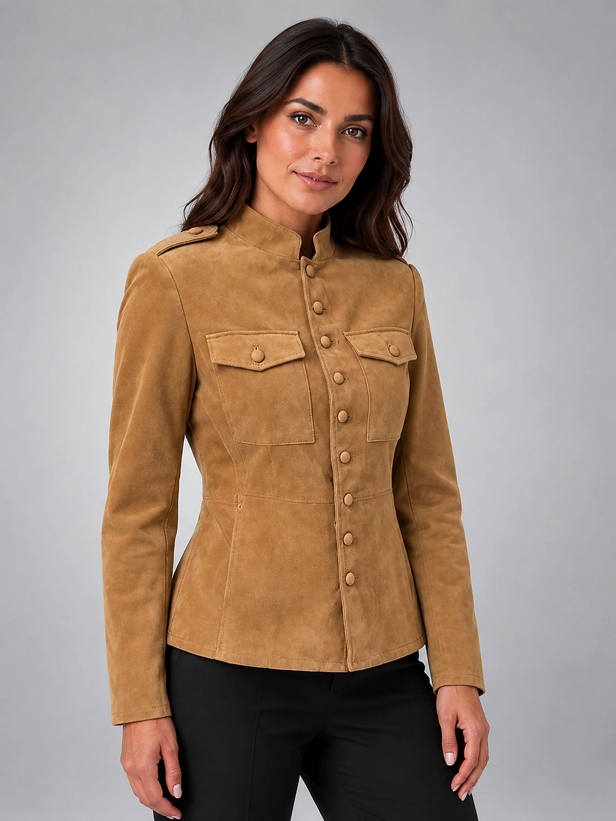 Women's Faux Suede Jacket – Cinched Utility Fit - Camel