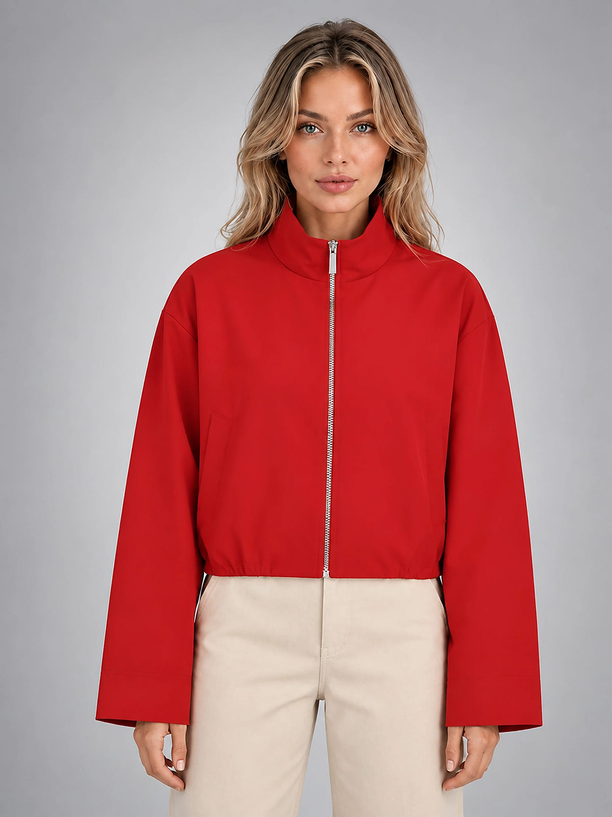 Women's Cropped Bomber Jacket – Funnel Neck Zip Front - Red