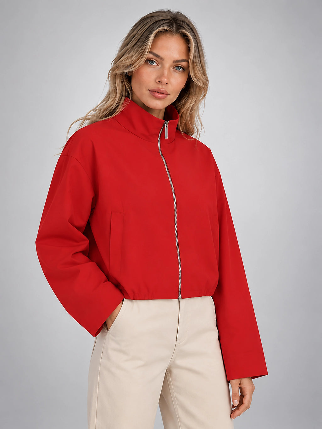 Women's Cropped Bomber Jacket – Funnel Neck Zip Front - Red